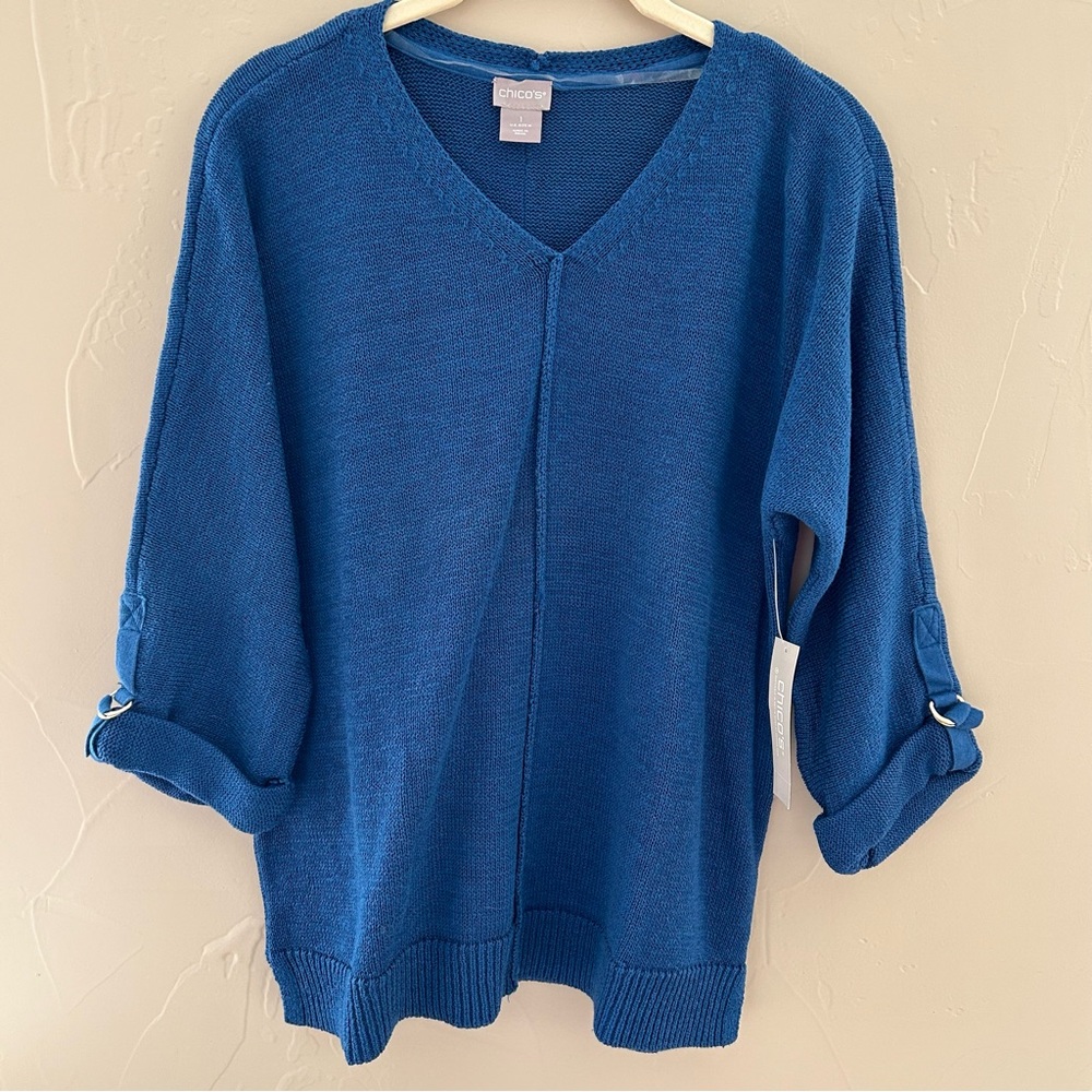 NWT Chico’s 3/4 Sleeve Spring Pullover Sweater Duchess Blue Sleeve Detail